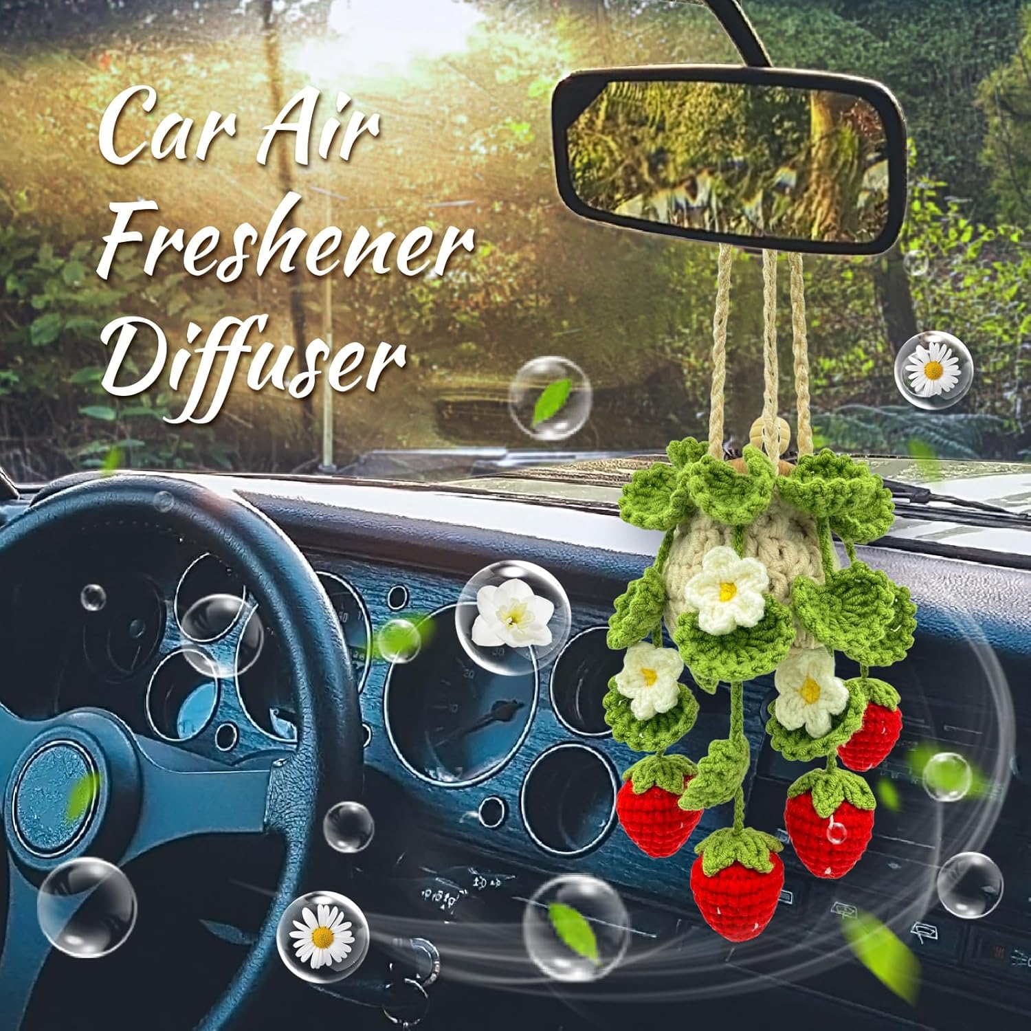 Crochet Car Air Freshener, 15Ml Empty Refillable Oil Diffuser Bottle with Hanging Crochet Strawberry Plant for Car Rearview Mirror Decor Air Freshener Diffuser for Home and Office Decor(Strawberry) image number 5