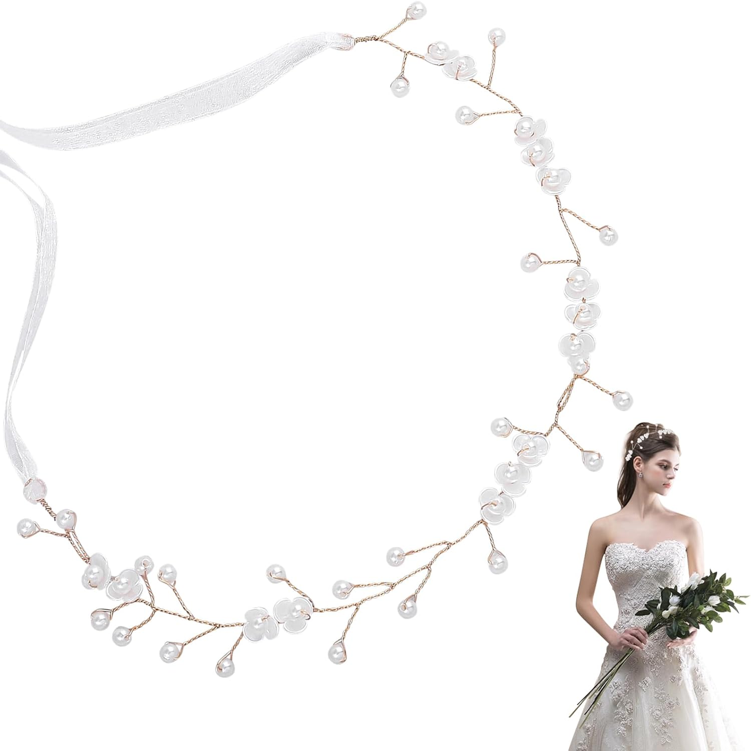 Simsky Flower Wreath Headband for Women, Flower Headband Boho Hair Accessories, Flower Wreath Hair Accessories for Bride & Flower Girls at Wedding & Party, Wedding Ceremony Party (Gold)