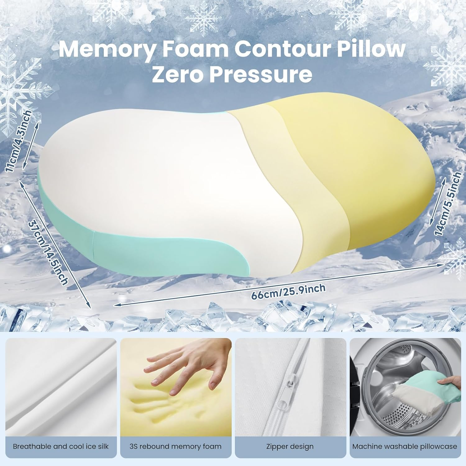 JINXIA Memory Foam Cloud Pillow for Sleeping, Cervical Pillow for Shoulder and Back Pain Relief, Ergonomic Contour Pillow for Side & Back & Stomach Sleepers with Breathable Pillowcase- White and Blue image number 4