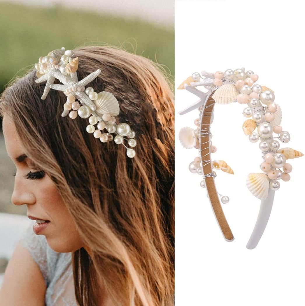 Kesvb Starfish Headband Silver Bride Pearl Hair Band Sea Shell Headpiece Beach Wedding Hair Accessories for Women and Girls image number 6