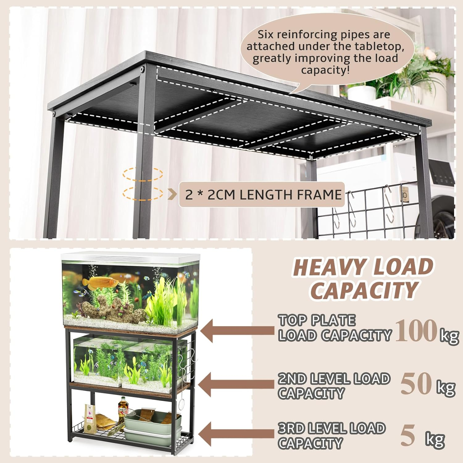 Aquarium Stand, 20 Gallon Fish Tank Stand with 3-Tier Storage Shelves & Hook, Heavy Duty Terrarium Stand Rack for Home Office, Lbs Load Capacity 25.6" L X 11.8" W X 25.6" H, Black - White image number 7