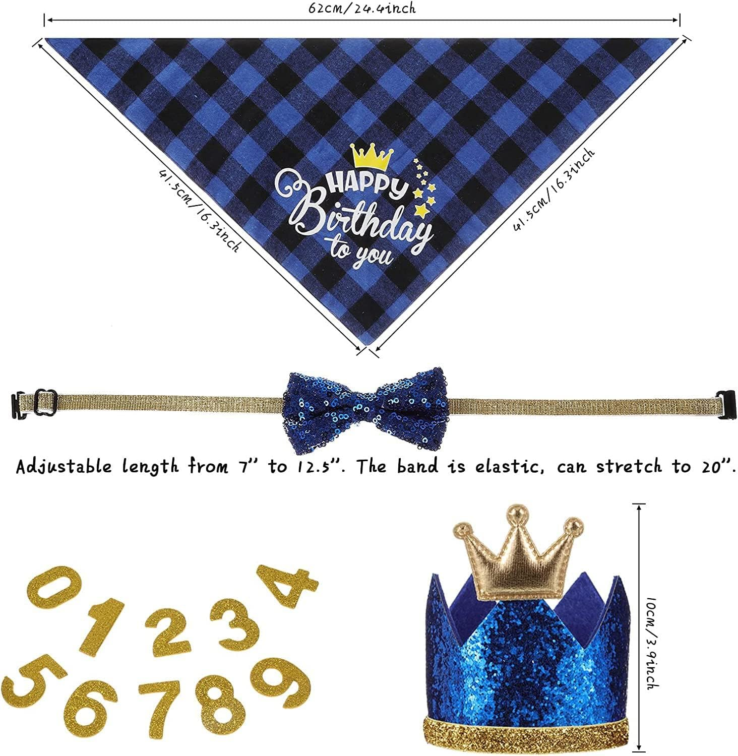 Dog Birthday Party Set, Blue Crown, Bow Tie and Bandana with Numbers, 4 Pieces
