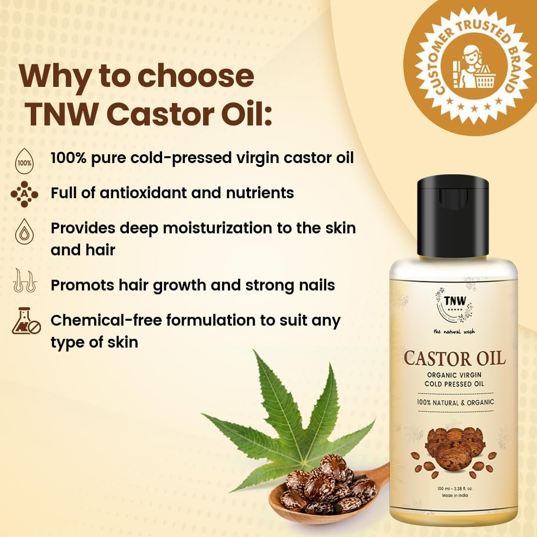 TNW-THE NATURAL WASH 100% Pure Castor Oil for Hair and Skin | Unrefined Hexane-Free Caster Oil Serum, 100 Ml image number 4