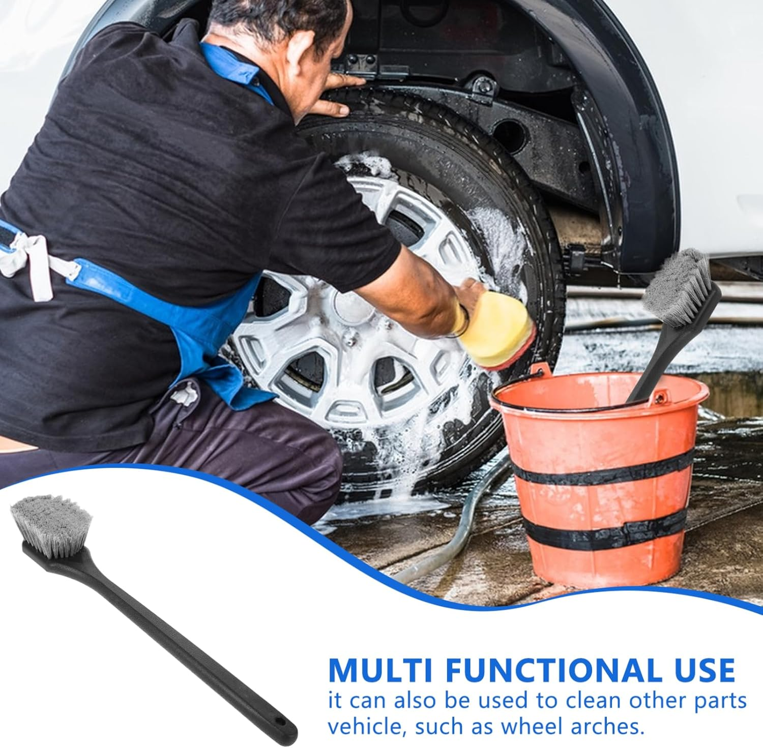 GARVALON Long Handle Rim Cleaning Brush with Strong Plastic Handle Tire and Wheel Brush for Car Detailing Suitable for Automotive Tire Care and Rim Cleaning image number 1