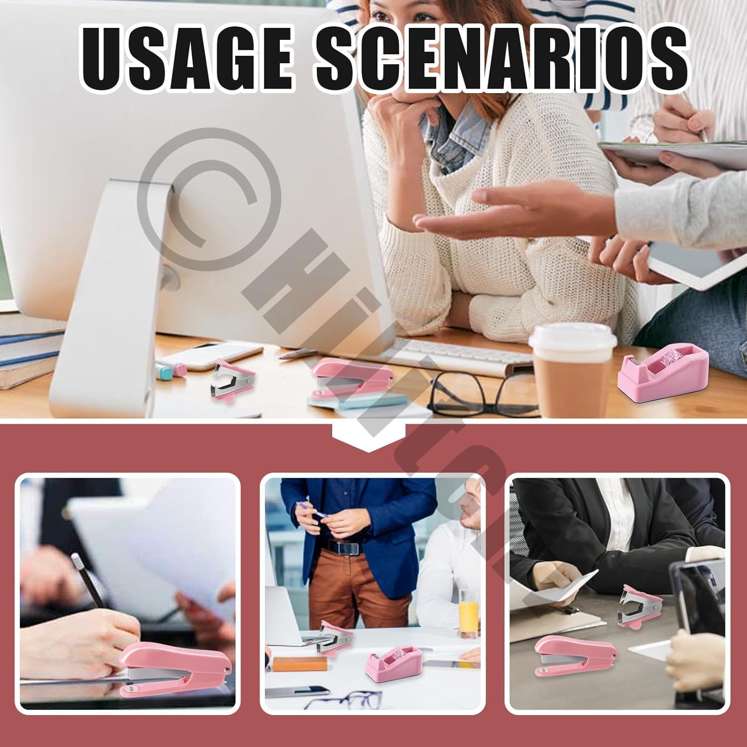 Hilitchi Pink Office Supplies Desk Accessories Set - Stapler, Tape Dispenser, Scissors, Tabs, Clips, Staples for Women, Coworkers, Students image number 5