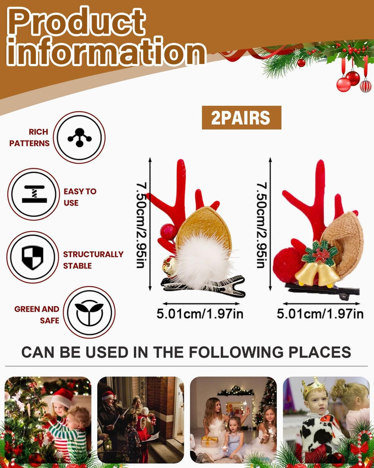 Christmas Hair Clips Set with Bells: Reindeer Clip Hair Accessories with Antlers Festive Hair Accessories for Kids Girls and Women image number 1