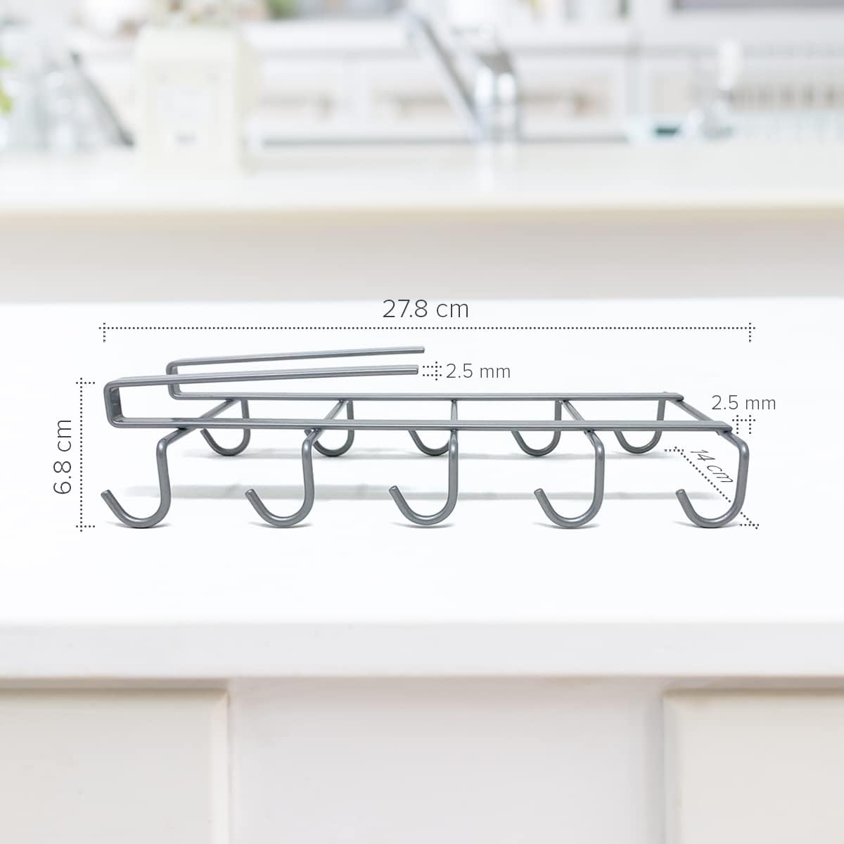 Joeji'S Kitchen Mug Holder & Cupboard Organiser | Silver Kitchen Cupboard Storage Organiser Ideal as Cup Holder or Mug Rack | Iron Wire Cupboard Shelf Organiser with Mug Hooks under Shelf image number 5