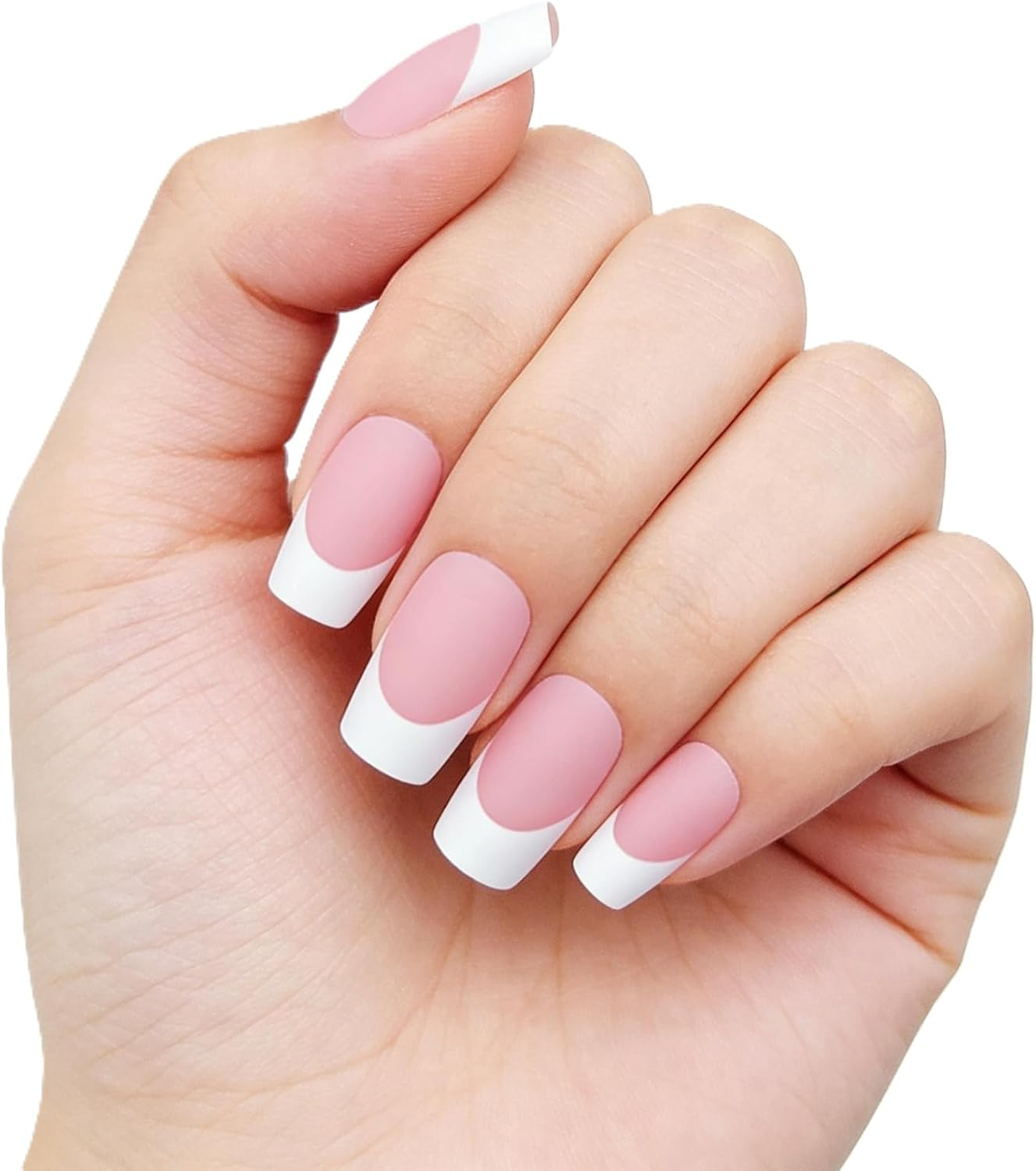 120Pcs Matte French Press on Nails | Pink & White Square Long Salon-Grade DIY Fake Nails Kit for Women | Reusable Glue-On Nails with Storage Box &ndash; Perfect for Christmas & Parties