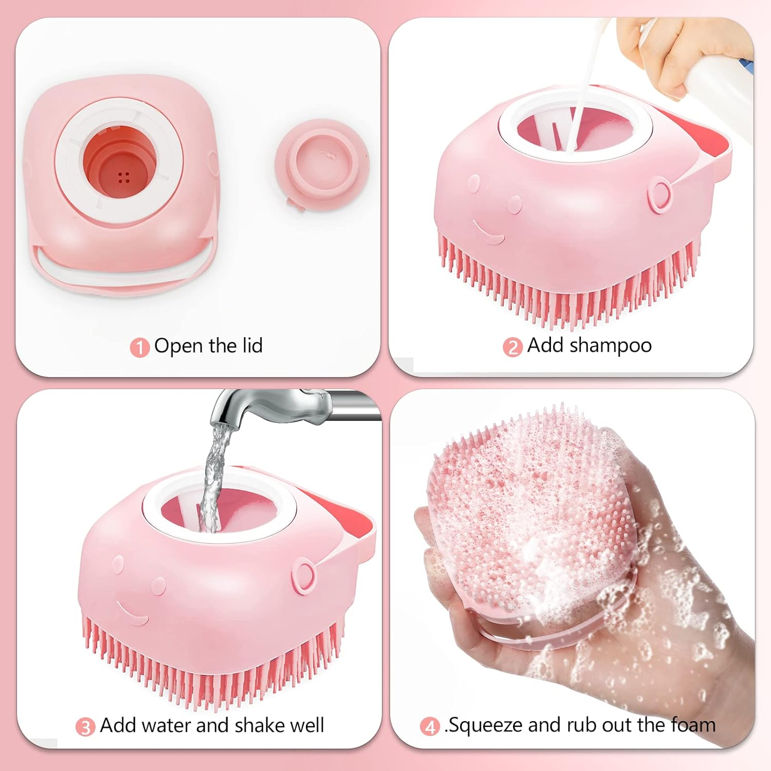 Dog Cat Bath Brush, with Soap and Shampoo Dispenser Dog Grooming Brush Massage Brush Soft Silicone Rubber Bristle for Short Haired Dogs Cats Shower (Pink) image number 2