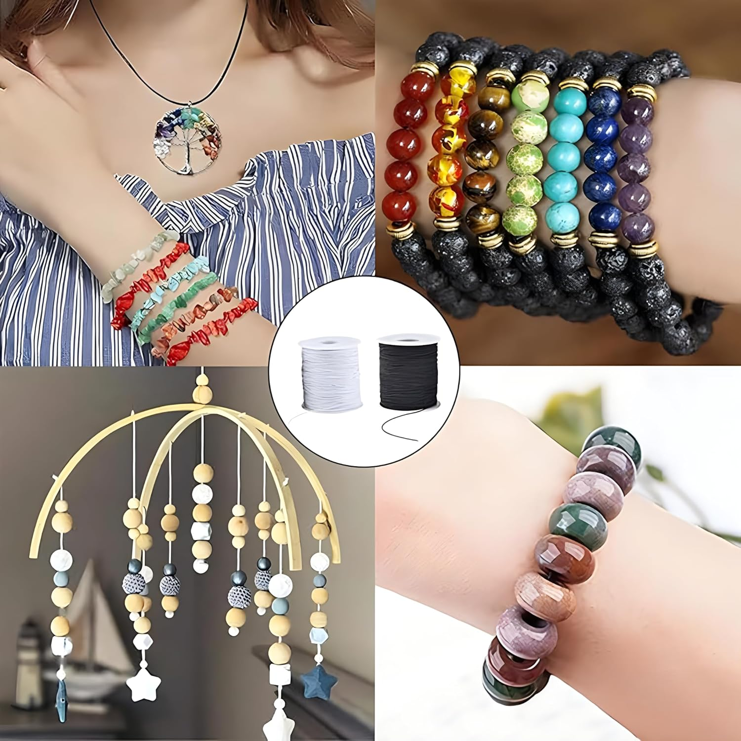 2 Rolls of Nylon Thread Bracelet String, 1.5Mm Nylon Thread String Beading Thread Black White Chinese Knotting Cord for Friendship Bracelet Necklace Jewellery Making DIY Macrame Craft（Black+ White） image number 4