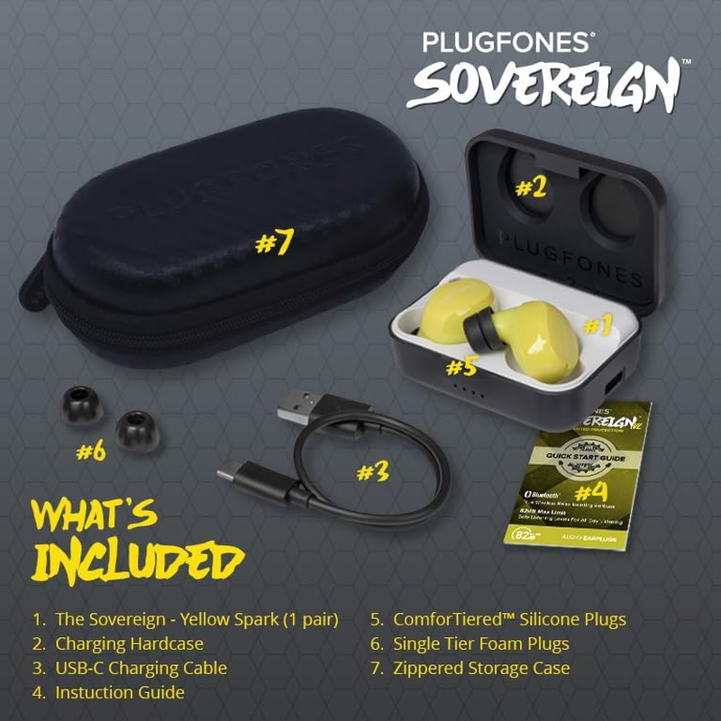 Plugfones Sovereign VL - Wireless Earplug-Earbuds with Volume-Limiting - 26 Db NRR and OSHA Compliant Earphones - Bluetooth Hearing Protection, Safety Earbuds & Sound Focused Mic - Yellow image number 2
