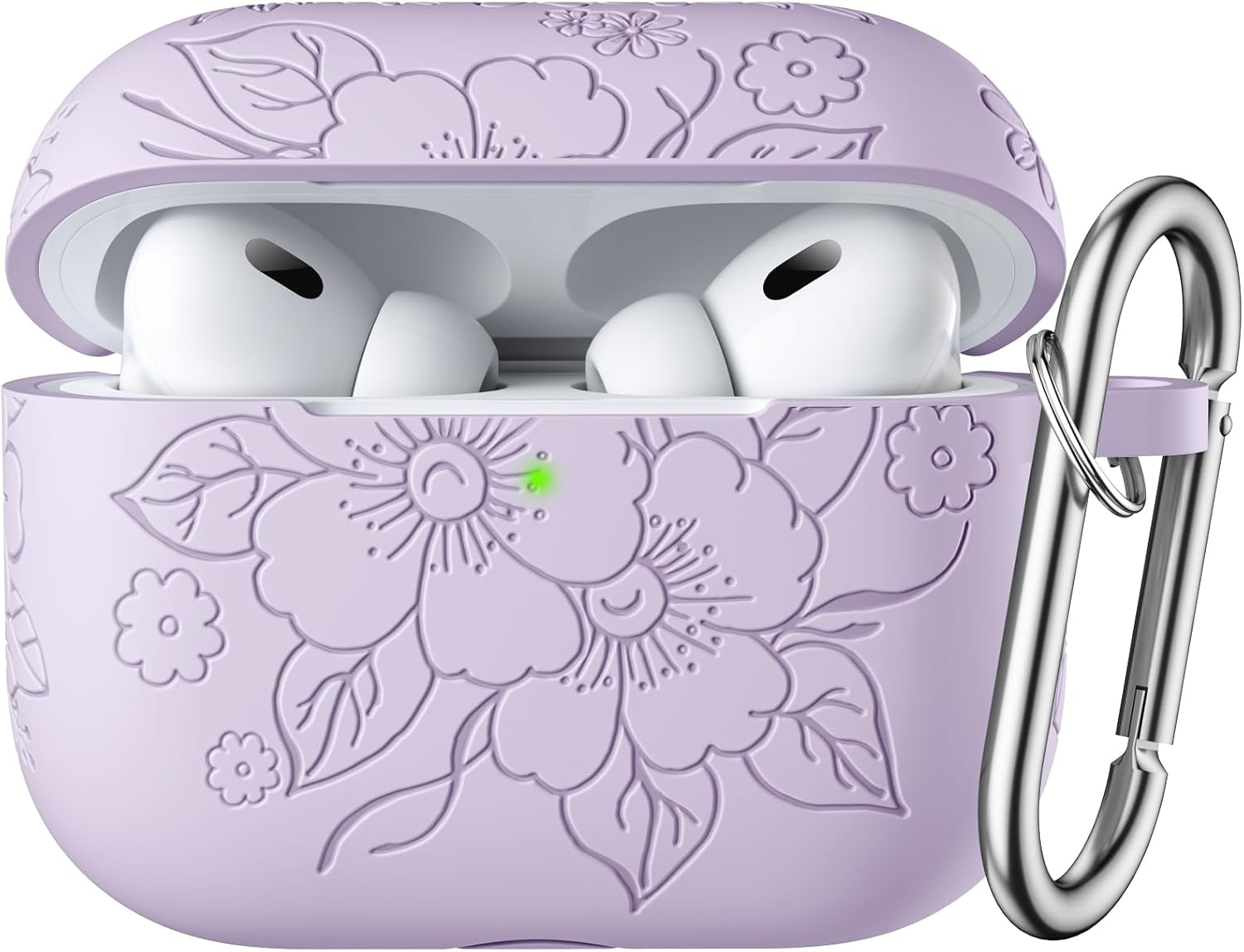 WJK Compatible with Apple Airpods Pro 2Nd Generation Charging Case, Soft Silicone Flower Engraved Protector with Keychain for Airpods Pro Case 2Nd/Airpod Pro Case, Front LED Visible, Lavender