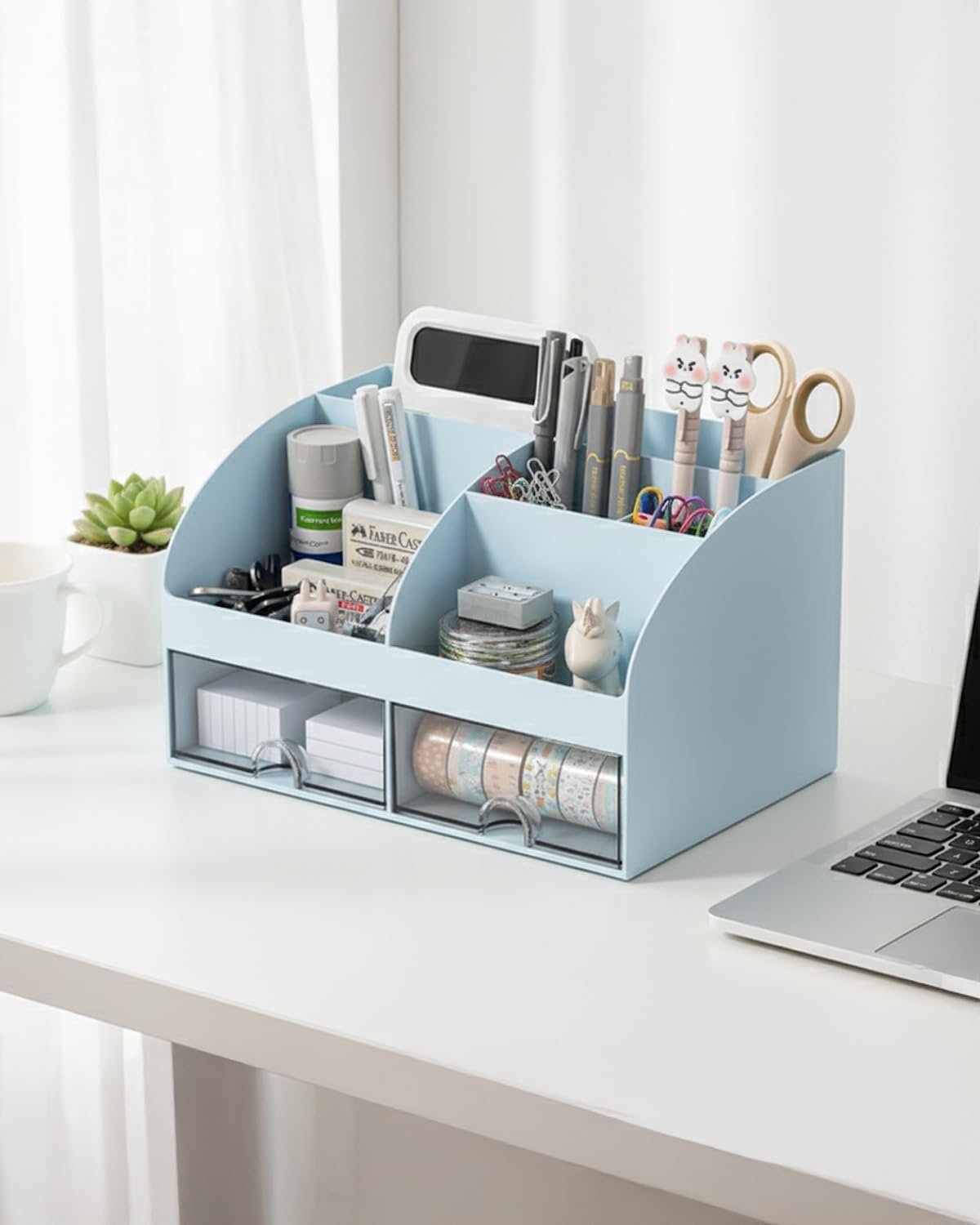 Tinyso Multifunctional Desk Organizer with 2 Drawers & 7 Grids,Large Capacity Plastic Stationery Organizer,Tidy Desktop Storage Box,Ideal Desk Accessories for Home,Office Decor(Blue) image number 3