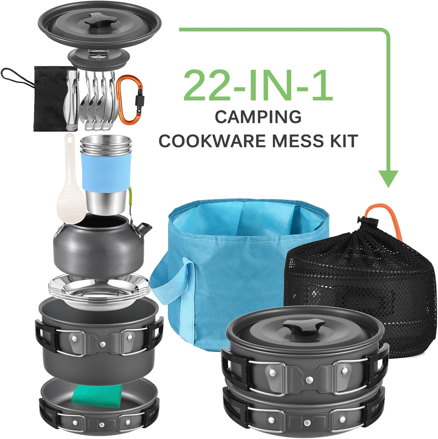 Aomiun Camping Cookware Kit, 22PCS Camping Pot and Pan Set with Camping Kettle Stainless Steel Cups Plates Knives Spoons for Outdoor Cooking and Picnic for 2-3 People image number 4