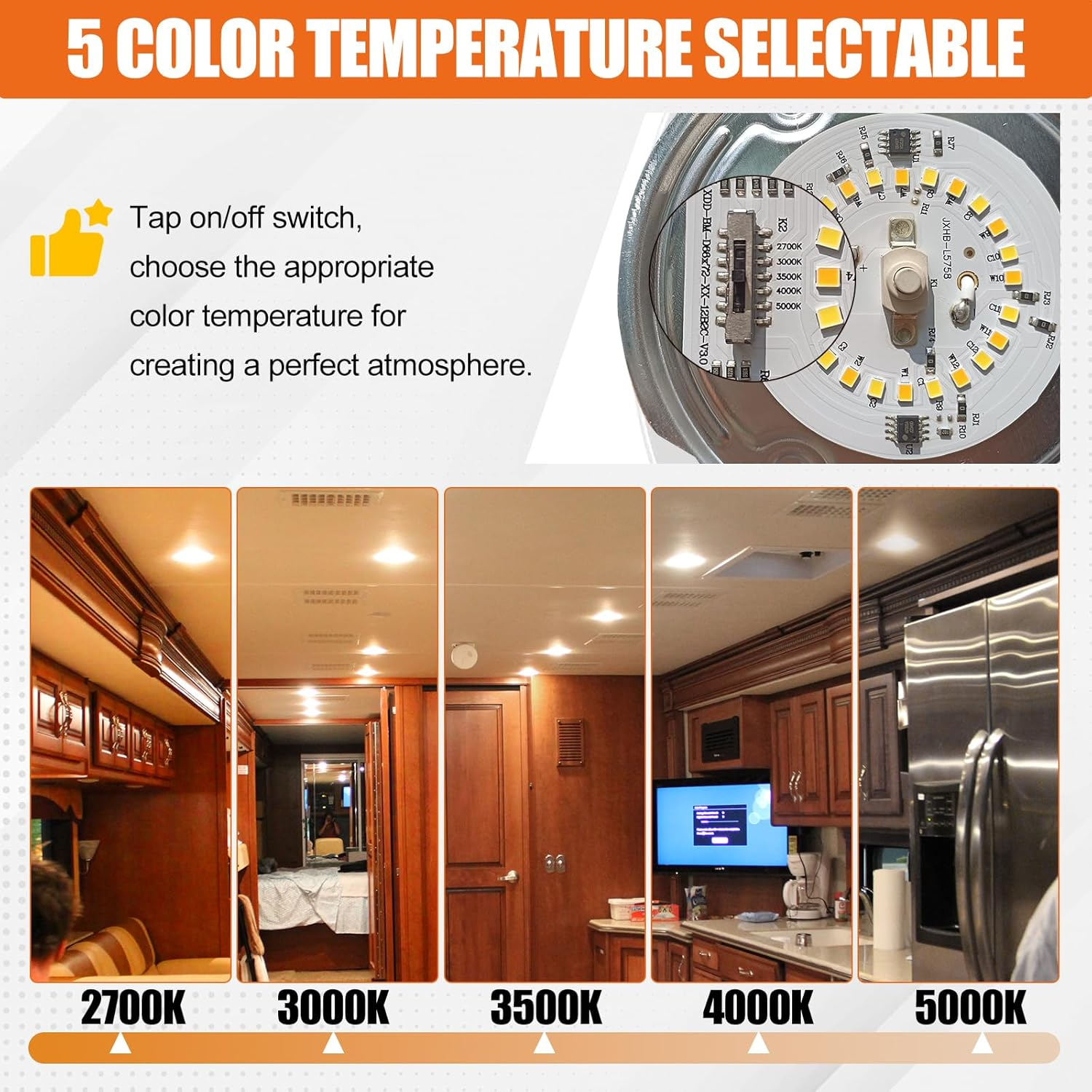 5CCT LED RV Dome Ceiling Lights, On/Off Switch, DC 12V Surface Mount Interior Puck Light for Slim Motorhome, Trailer, Boat, Camper Lighting, 5W, 2700K/3000K/3500K/4000K/5000K, 4.5 Inch, 6 Pack image number 6