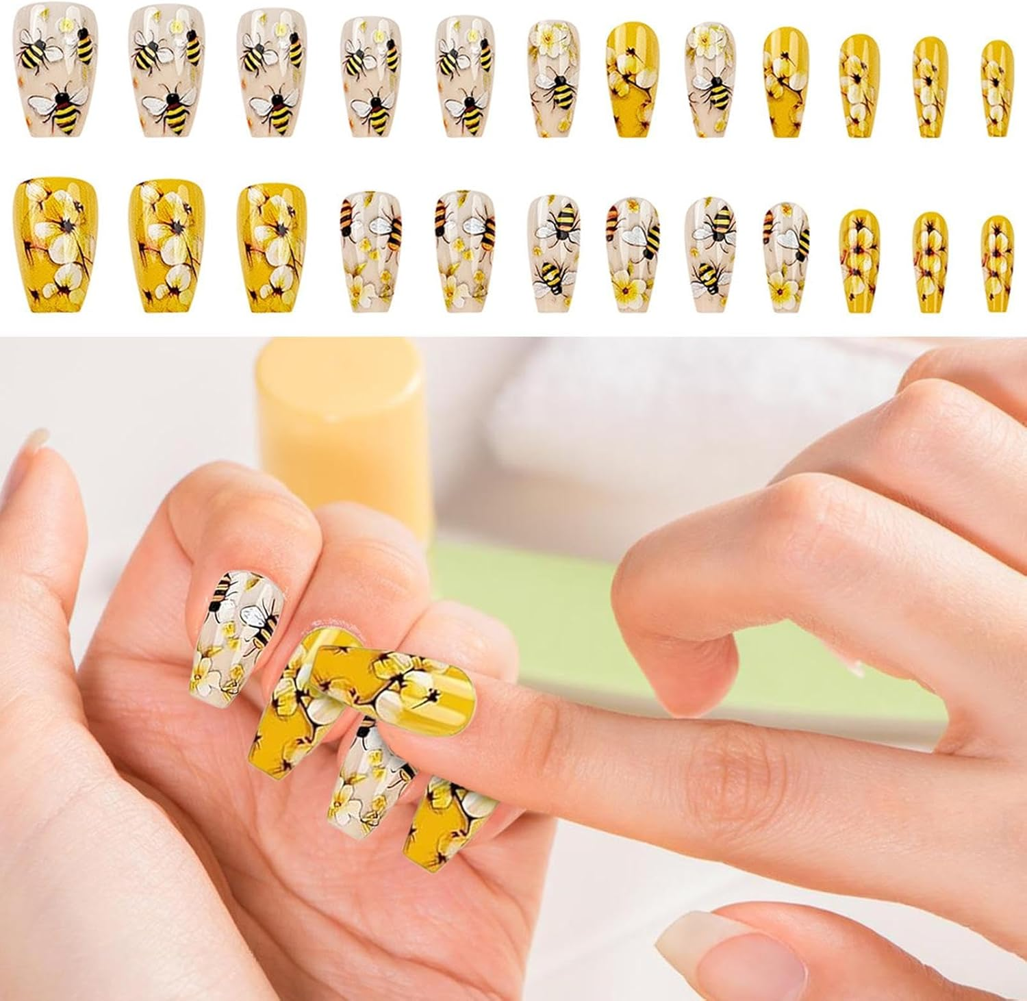 Nail Stickers | Medium Length Artificial Nails - Accessories for Art Manicure, 24 Artificial Nails Bees and Flowers for Women and Girls image number 1