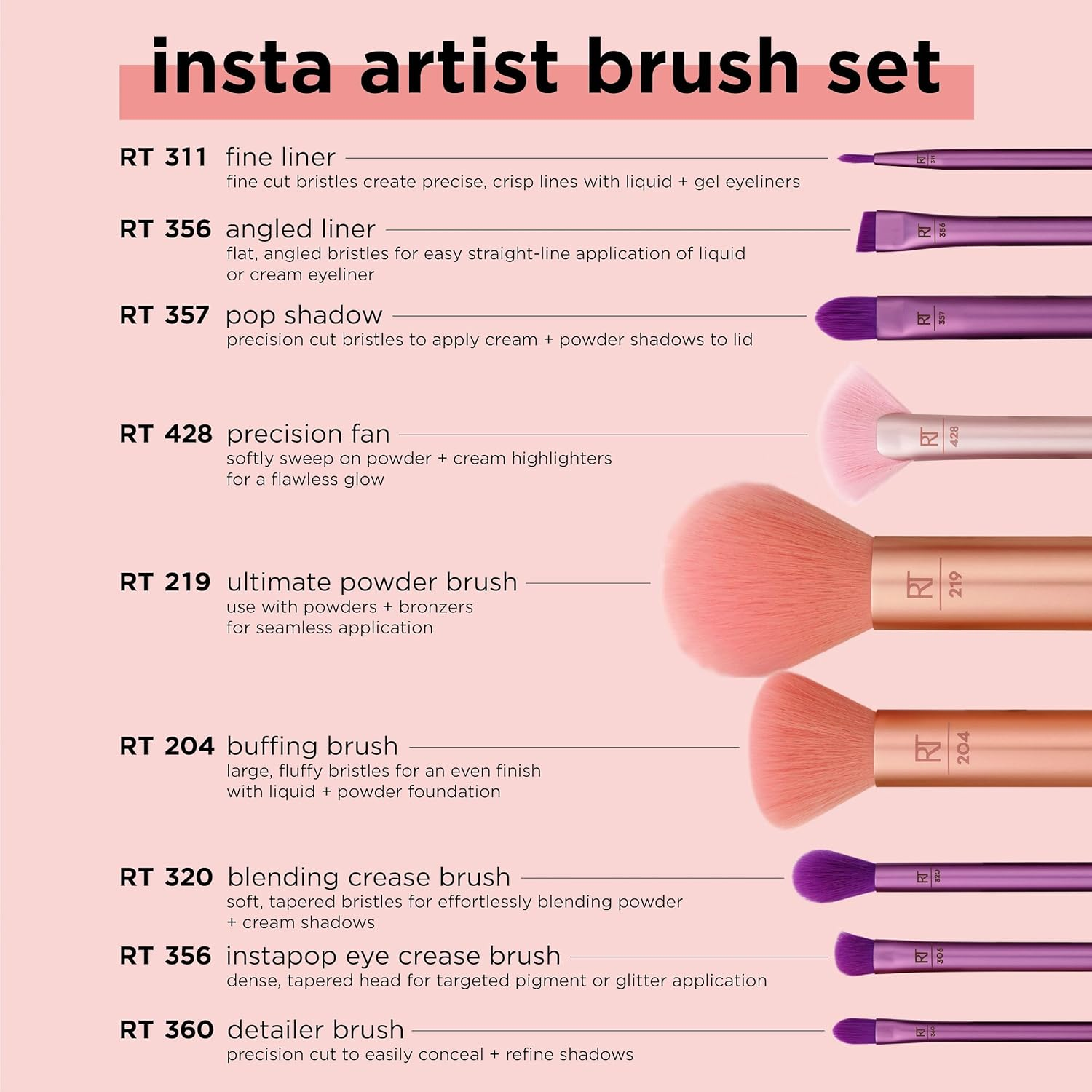Real Techniques Insta Artist Brush Kit, Face, Cheek & Eye Brush Set, Makeup Brush Kit, for Foundation, Blush, Bronzer, Concealer, & Eyeshadow, Professional Quality Makeup Tools, 9 Piece Set