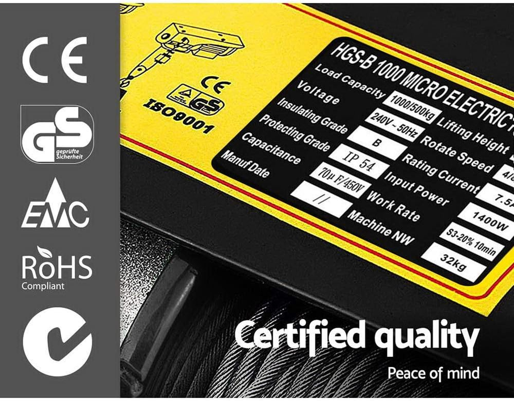 GIANTZ Electric Hoist, 1000Kg 1400W Rope Tool Electronic Cable Hoists Lift Crane Black image number 1