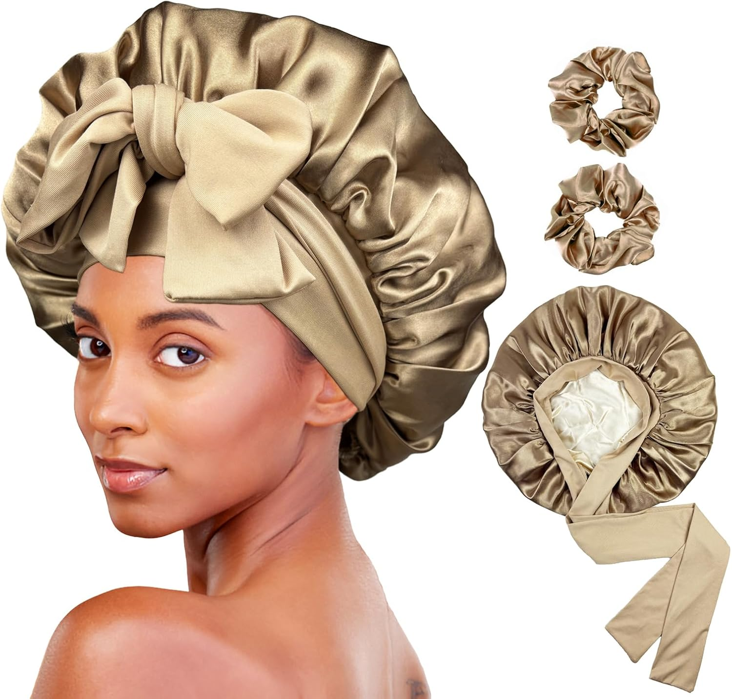 Luxelouise Satin Bonnet for Sleeping Silk Hair Bonnet for Sleeping Women Double Layer Silk Hair Wrap Sleep Bonet Satin Bonnets for Curly Hair and Braids (Cameo Pink)