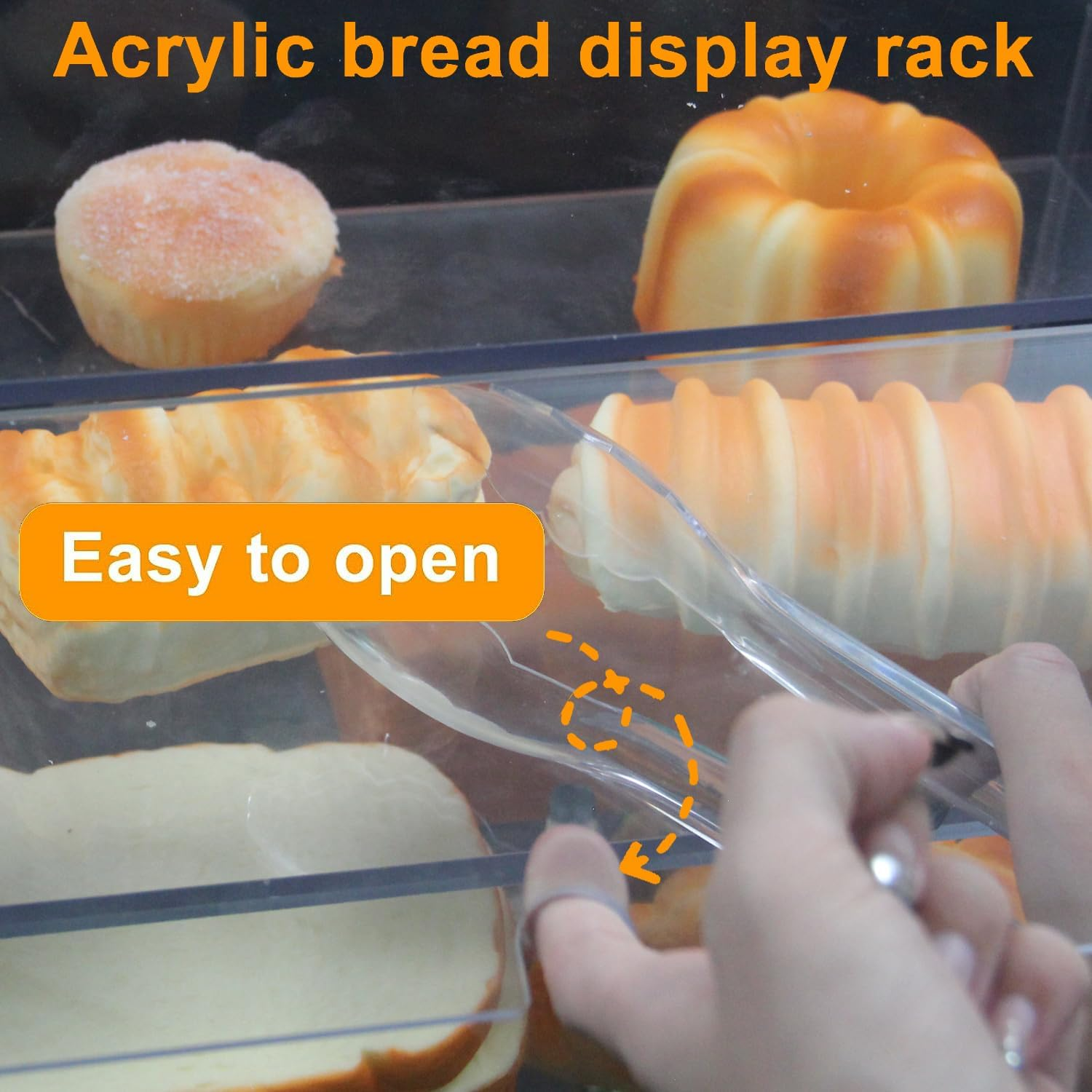 3 Tiers Clear Counter Top Bakery Display Case Pastry Display Cabinet 21.49"X21.92"X11.81" Party Desserts Rack Cake Bread Stand, Food Level PC Panels + Front Doors + Finger Holes + Handel Design image number 3