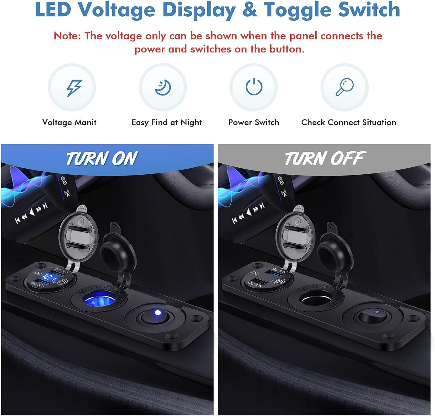 BLAZDEVE 3 in 1 USB Socket Panel, Dual QC 3.0 Car USB Charger, Cigarette Lighter Socket with LED Digital Voltmeter and ON/OFF Toggle Switch for 12V/24V Vehicles, Boat, Truck, Caravan image number 2