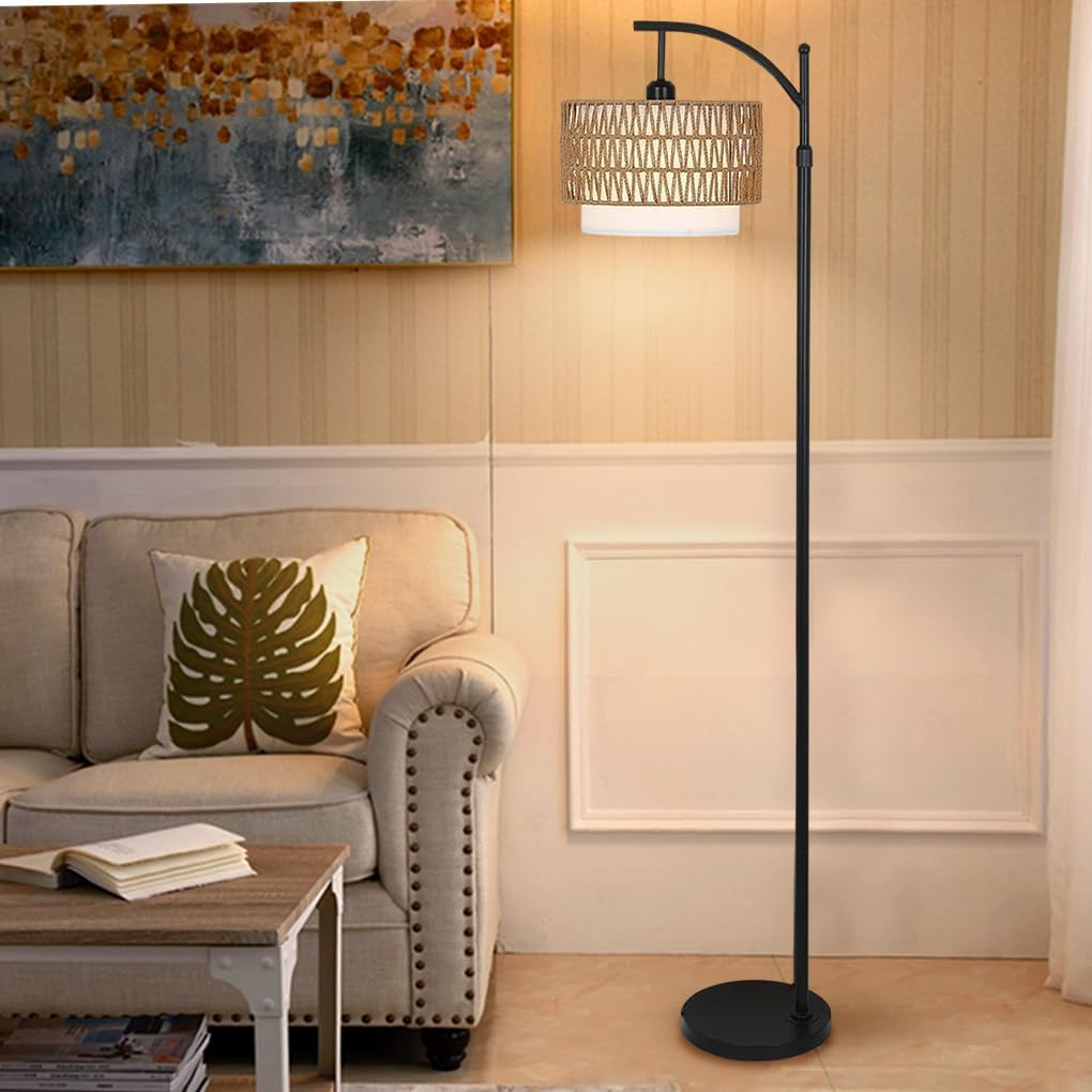 Clora Floor Lamp Standing Lamp 3 Color Temperatures Farmhouse Floor Lamps with Remote Dimmable Bulb Rattan & Fabric Shades Adjustable Tall Lamp for Bedroom Office image number 2