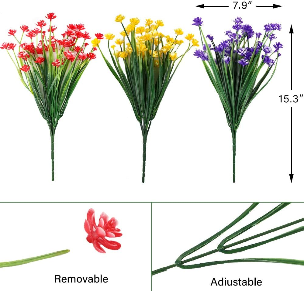 TELDRASSIL 9 Bundles Artificial Flowers Outdoor UV Resistant Fake Plastic Flowers Faux Plastic Shrubs for Indoor Outdoor Window Home Garden Decoration - Blue Purple Yellow image number 2