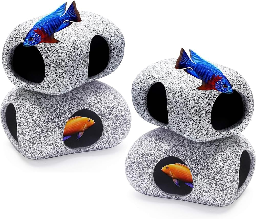 4 PCS Aquarium Ceramic Hideaway Rocks &ndash; Safe Fish Tank Decorations for Betta, Shrimp, Reptile Breeding, Hiding & Playing &ndash; Non-Toxic Cavern Caves for Aquatic Pets image number 4