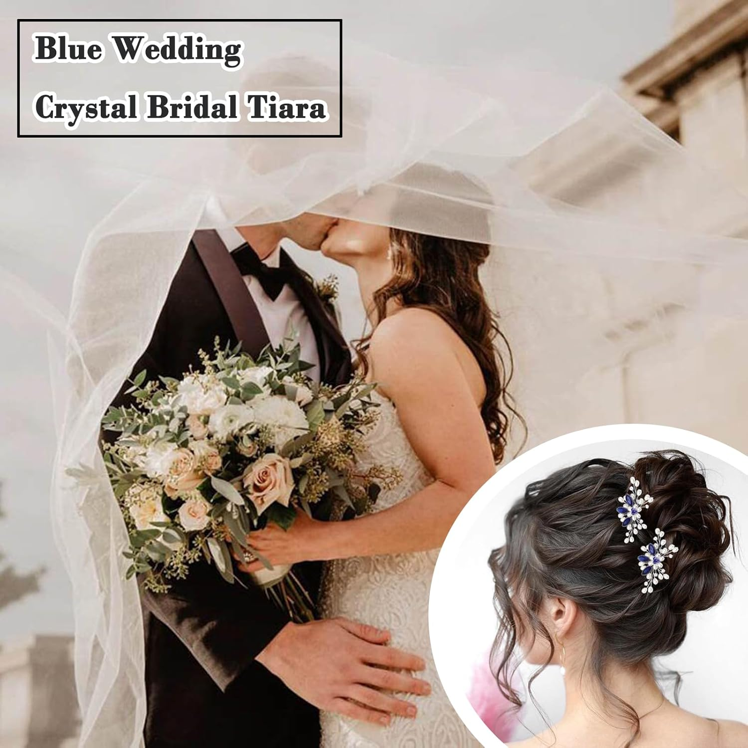 Xinlon Pack of 2 Hair Accessories Girls, U-Shaped Bridal Hair Pins, Hair Accessories Wedding Blue, Crystal Beads, Bridal Hair Comb for Bridesmaids, Brides, Wedding, Ball, Party, Stage Shows