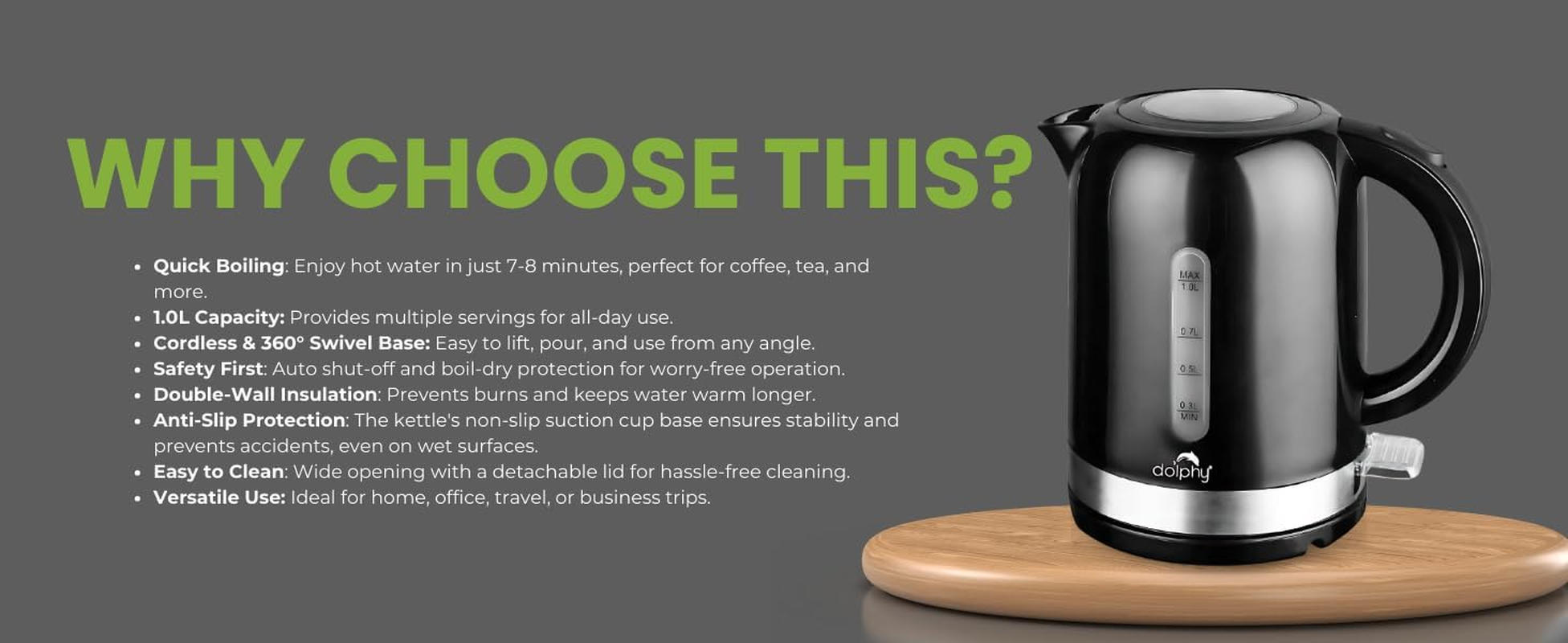 Dolphy 1L Electric Kettle &ndash; Black, High-Grade ABS Body, 1350&ndash;1500W Fast Boil, 360&deg; Concealed Heating, Compact & Durable for Home, Hotel, Motel, Office & Travel Use image number 3