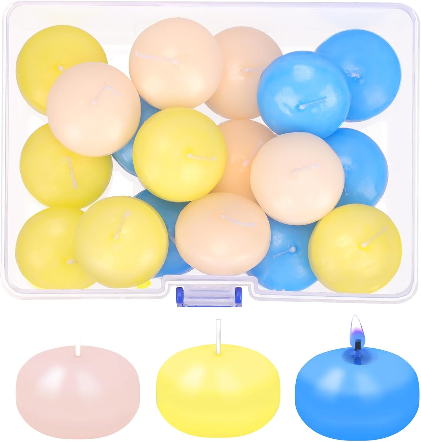 Glarks 18Pcs 3 Colors Floating Candles Set 1.4In Ivory-White, Yellow, Blue Floating Disc Candle Water Tealight Candles for Centerpieces at Halloween Fall Wedding Dinner Party Spa Treatments image number 6