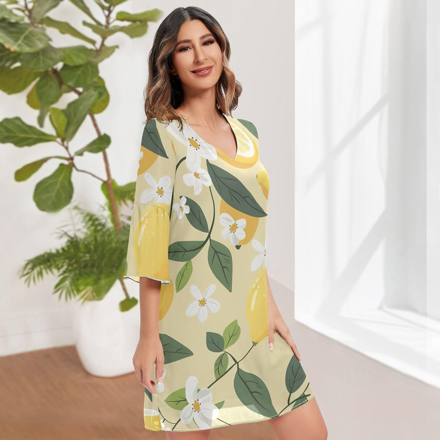 Vintage Lemons Yellow Ladies Chiffon Dress Printed Line Maternity Dress S-XXL