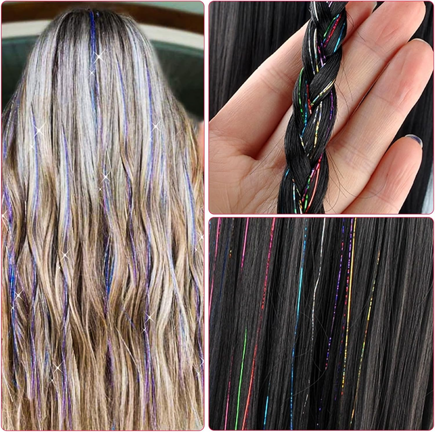 Tinsel Hair Tinsel, 90 Cm Hair Tinsel, 800 Strands Hair Strands for Braiding, Hair Extensions with Accessories, Hair Glitter Strands, Hair Nanoring Extensions, Micro Ring Extensions Accessories image number 6