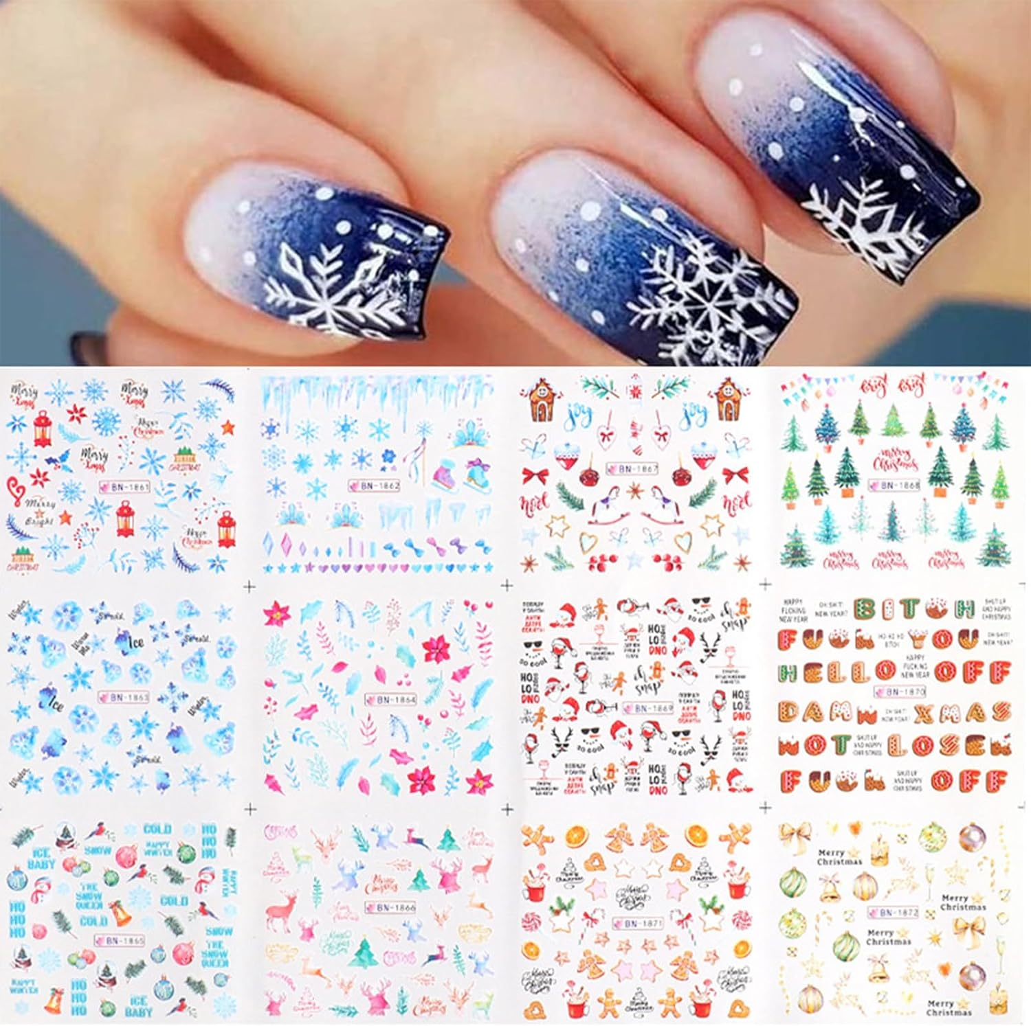 Itadaku 1 Sheet Christmas Nail Stickers, Snowflake, Santa, Elk, Transfer Decals for Winter Art, Xmas Nail Decorations for Women & Girls image number 4