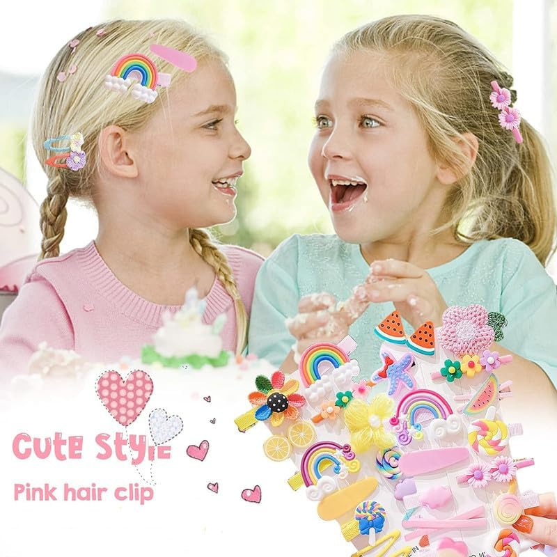 Cute Fashion Girl Rainbow Candy Flower Fruit Set Hair Pins Hair Barrettes Set, 50Pcs Flower Candy Fruits Rainbow Cute Hair Clip,Cute Hair Barrettes Pins Colorful Rainbow Flower Fruit Cute Hair Clip image number 4