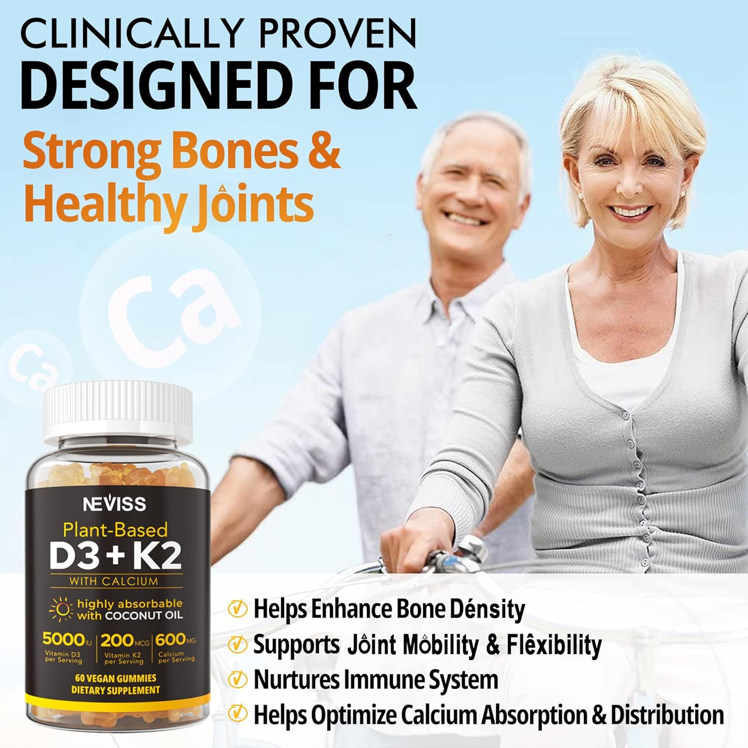 Vitamin D3 K2 Gummies with Calcium - Vegan D3 5000 IU + K2 200Mcg + Calcium 600Mg - Plant-Based Bone, Immune Support Supplement with Coconut Oil for High Absorption - Sweet Citrus Flavor - 120 Counts image number 1