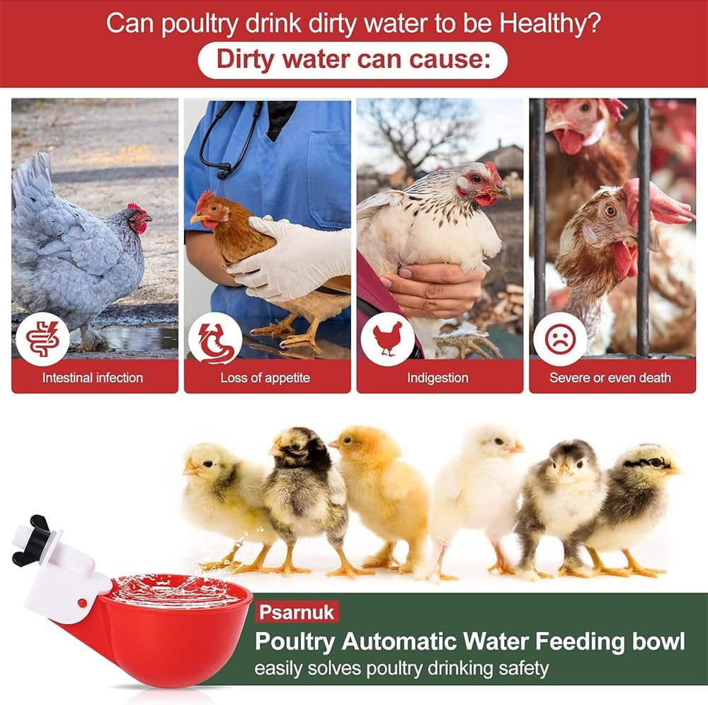 8-Pack Automatic Chicken Waterer Cups &ndash; Large Poultry Water Feeder with Tee Fittings for Ducks, Chicks, Turkeys, Geese, Bunnies & Birds (Red) image number 6
