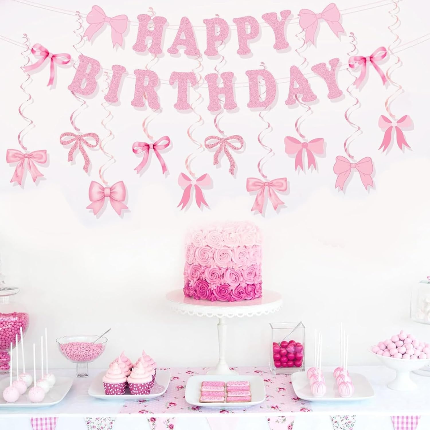 Pink Birthday Party Decorations, Pink Bow Party Banner with 14Pcs Bow Swirls Hanging Garland, Girl Baby Shower Garland, Coquette Birthday Decoration for Wall, Fireplace, Window image number 2