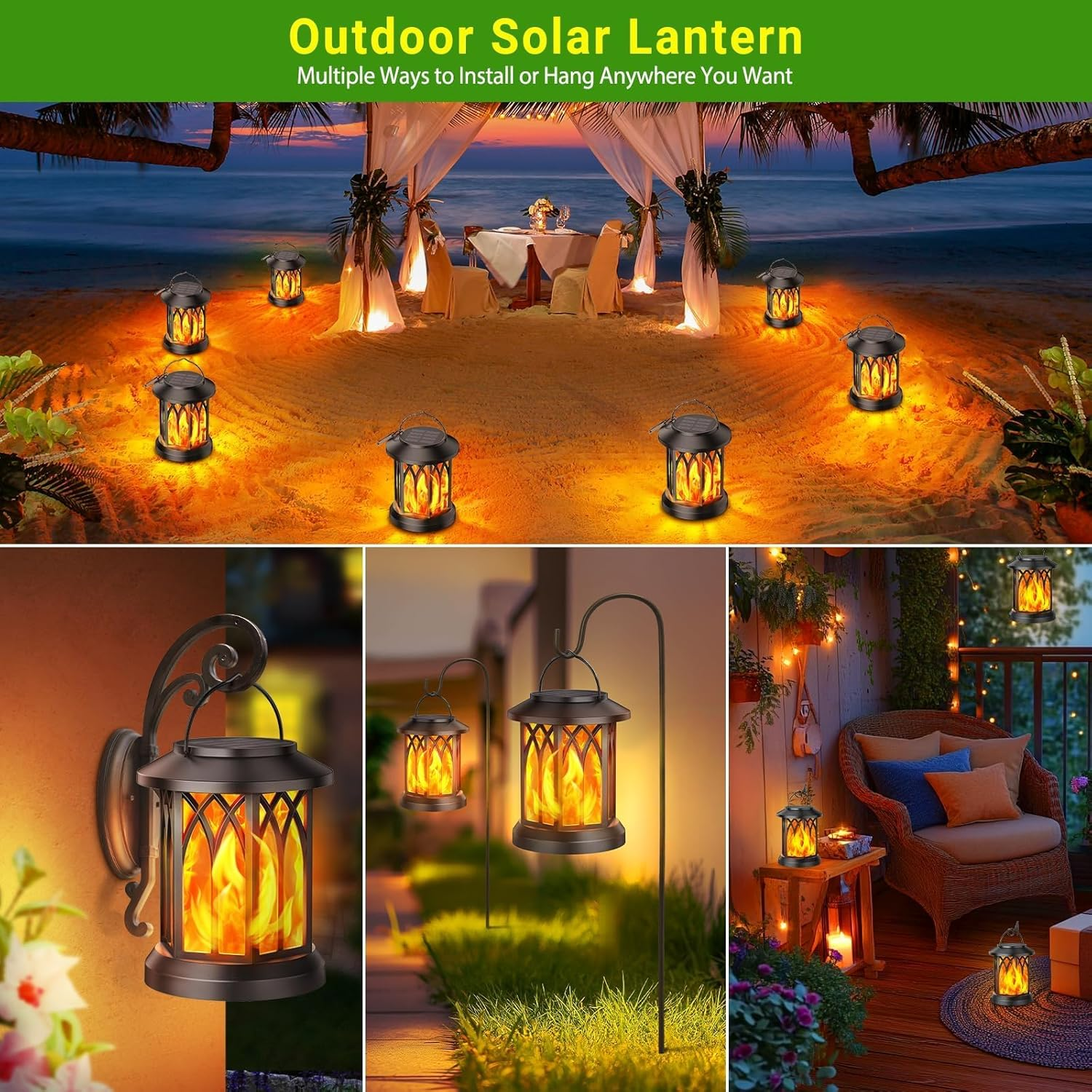 Hanging Solar Lights Lantern Outdoor, Waterproof Solar Powered Lanterns with Flickering Flame, Hanging Lantern Decorative for Outside, Solar Powered Outdoor Lights for Yard Garden Patio Table Decor image number 1