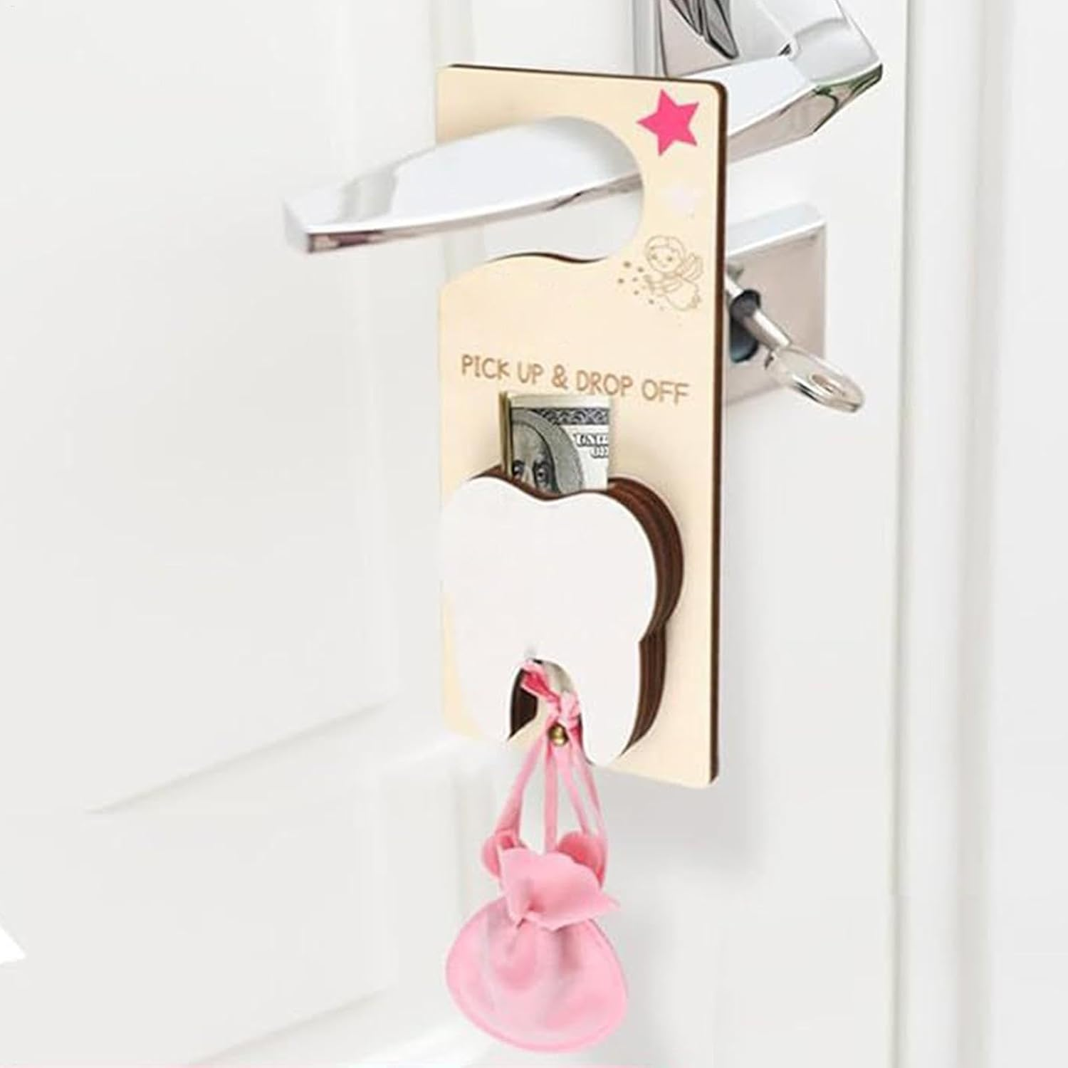 Tooth Fairy Pick up and Drop Off, Tooth Fairy Door Hanger with Money Slot,Tooth Fairy Tooth Holder Bag,Tooth Holder Pouch, Velvet Pouch Tooth Fairy Box - Pink image number 3