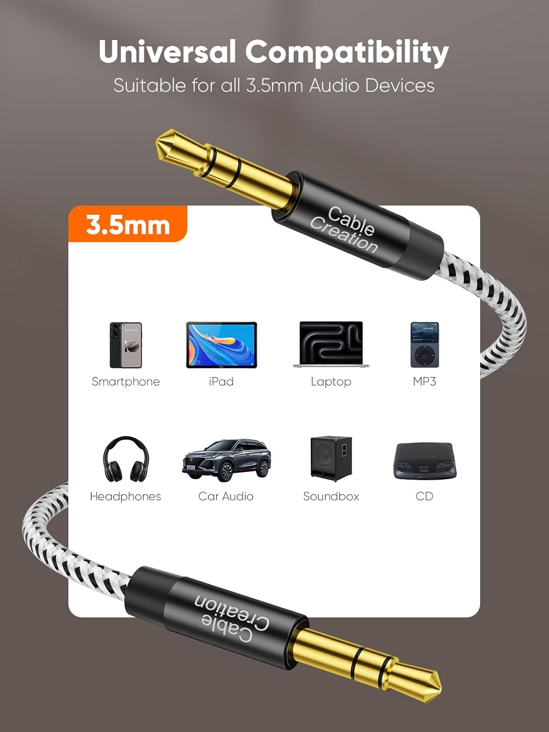 Cablecreation 20FT/6M Aux Cable, 3.5Mm Male to Male, Hi-Fi Sound, Cotton Braided, Tangle-Free, Compatible with Headphone, Speaker, Tablet, Laptop, Echo, Phone & More image number 6