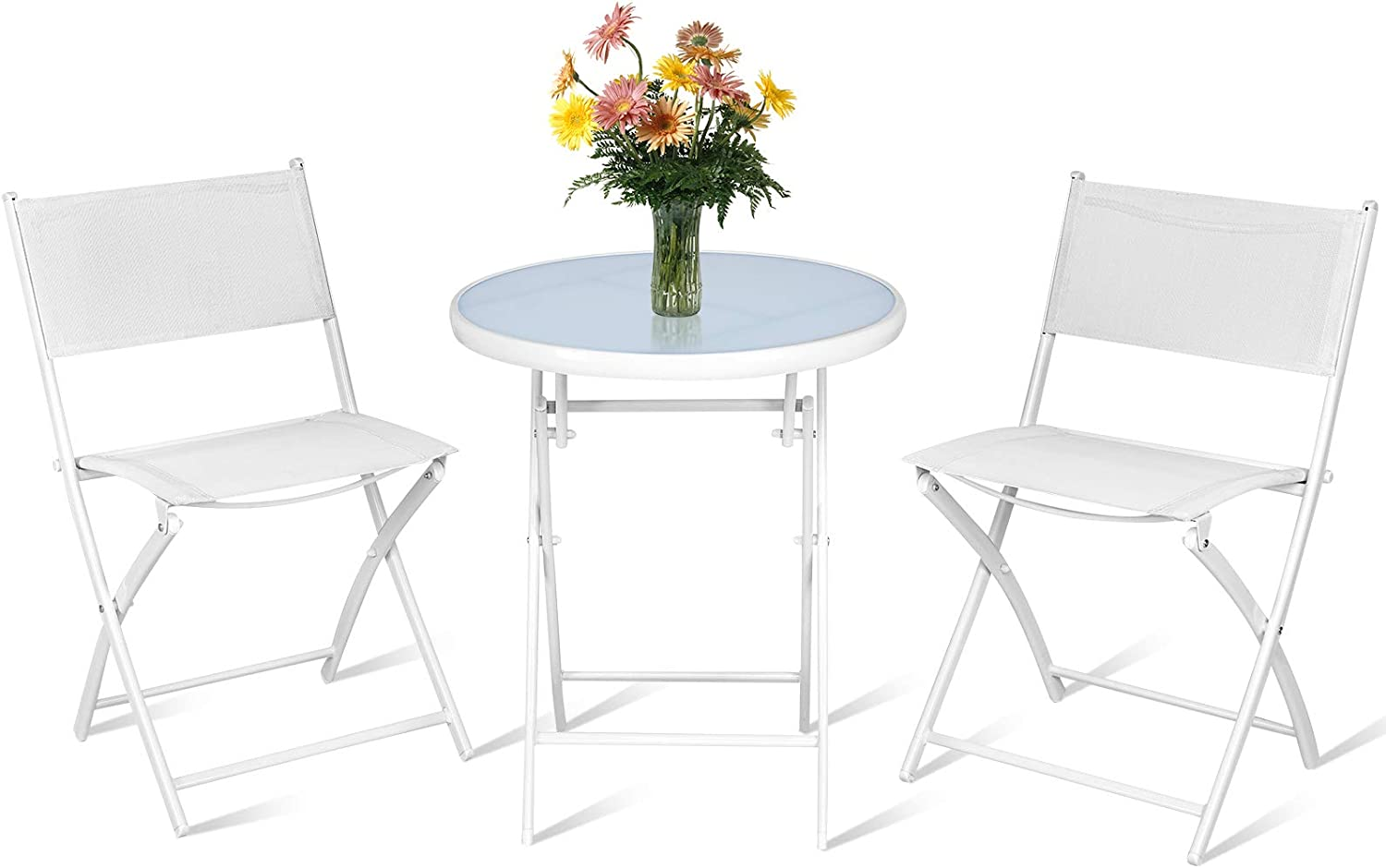 Costway Bistro Table Set, 3 Piece Patio Bistro Set, Outdoor Folding Table and Chairs, Foldable Patio Dining Set, Porch Furniture Set Garden Backyard Metal Frame No Assembly (White) image number 3