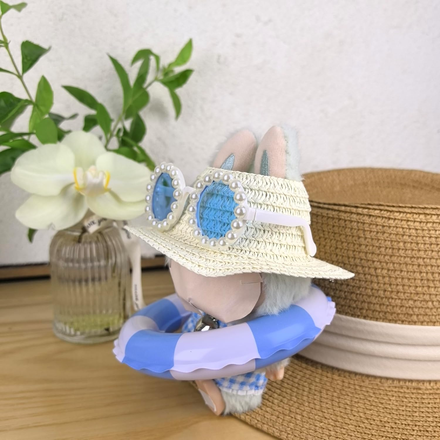 5 - Piece Doll Clothes Swimsuit Set | Straw Hat, Pearl Sunglasses, Blue Plaid Swimming Suit , Pearl Necklace & Swim Ring for 14 - 17Cm Labobo Labibu (No Doll) image number 4