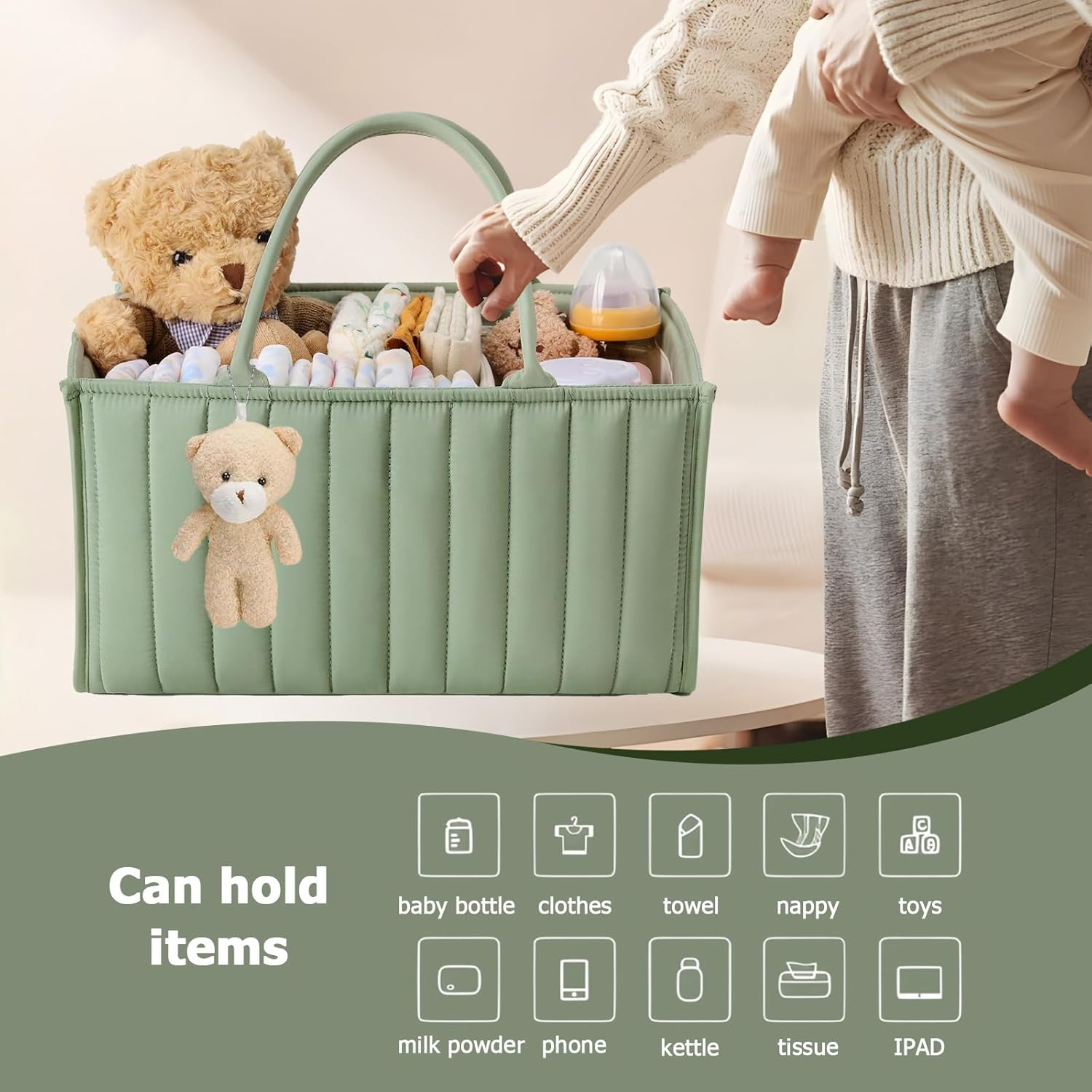 Nappy Caddy Organiser Stylish Diaper Caddy Storage Basket Perfect for Baby Shower,Car Caddy Organizer,Nursery Diaper Organizer,Portable Diaper Storage Bag (Green)