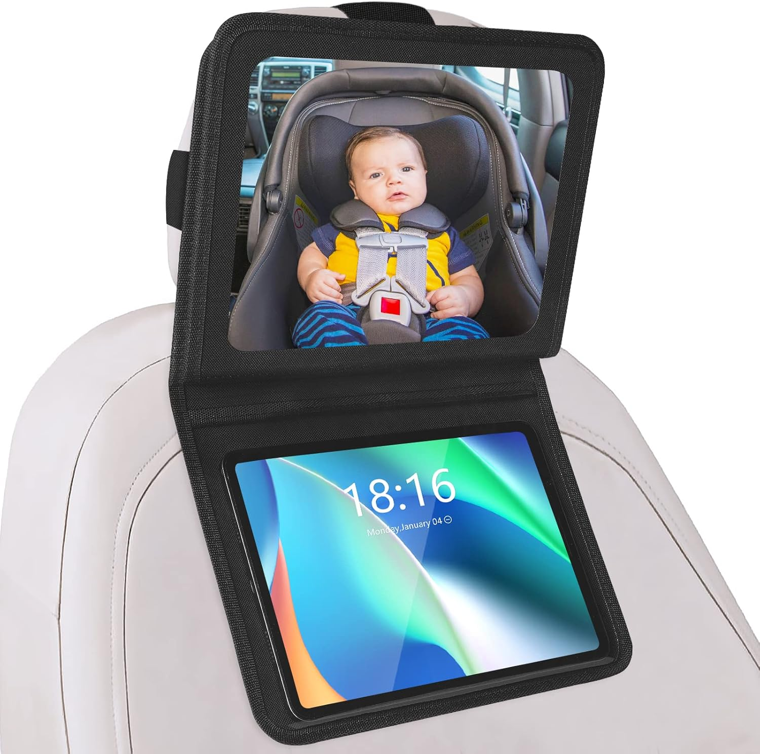 Baby Car Mirror with Adjustable Tablet Holder, Road Trip Essentials for Kids, Backseat Mirror to See Rear Facing Infant, Ipad Case for Car Headrest image number 5
