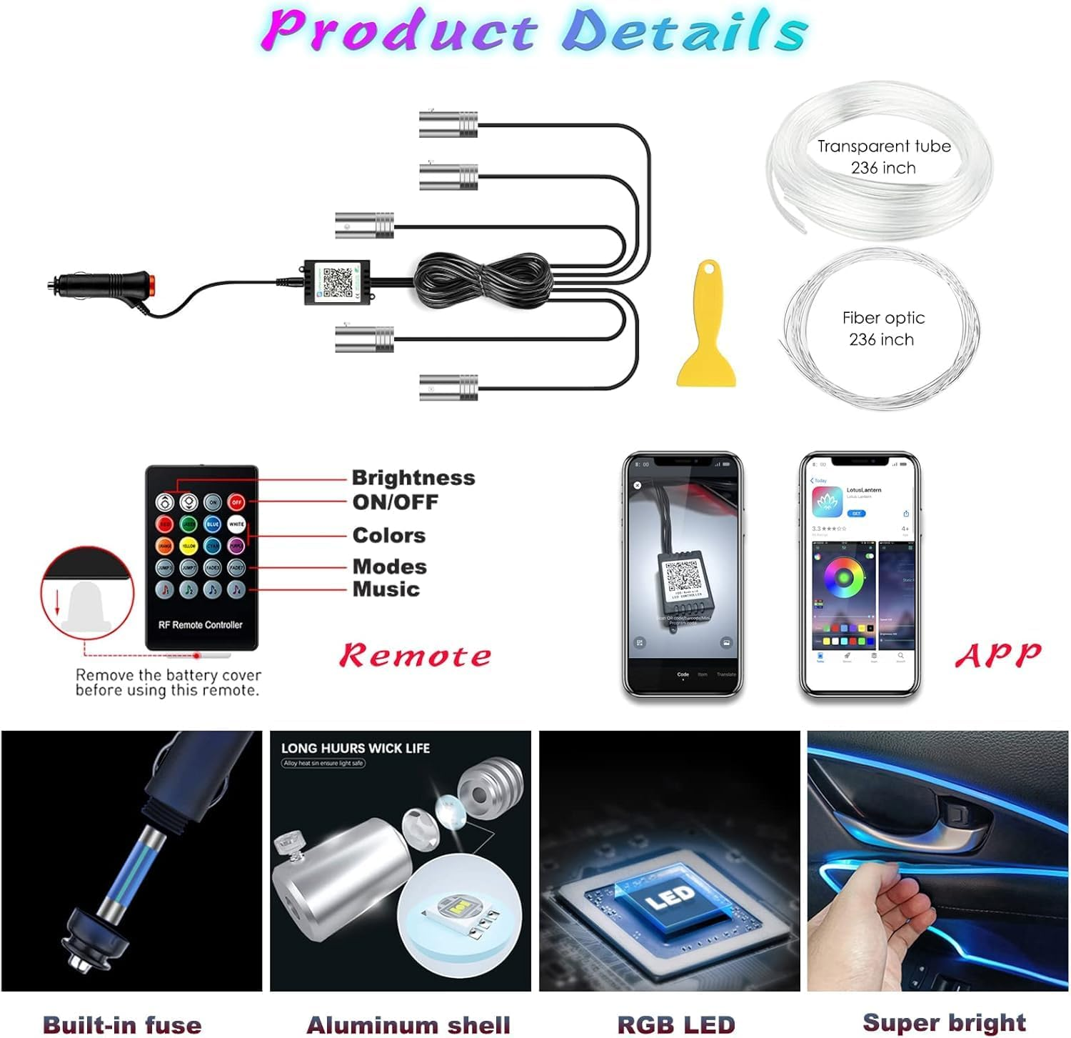 RGB LED Interior Lights,Interior Car LED Strip Lights5 in 1 RGB 16 Million Colorswith 236 Inches with App/Remote Control, Color Changing Ambient Lighting Kit, Sync to Music Car Lighting Accessories image number 3