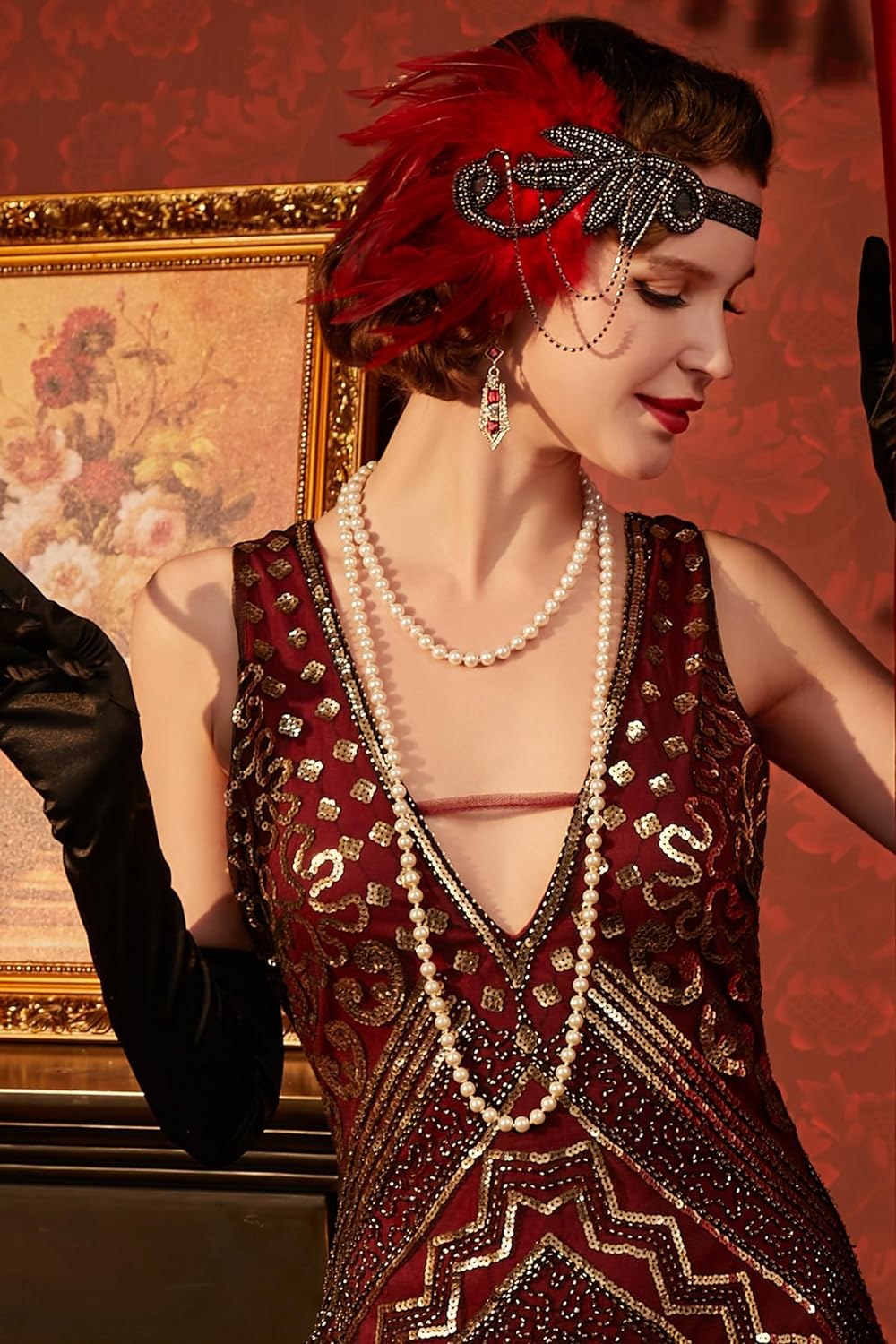 BABEYOND 1920S Flapper Accessories Gatsby Costume Accessories Set 20S Flapper Headband Pearl Necklace Gloves Plastic Holder image number 5