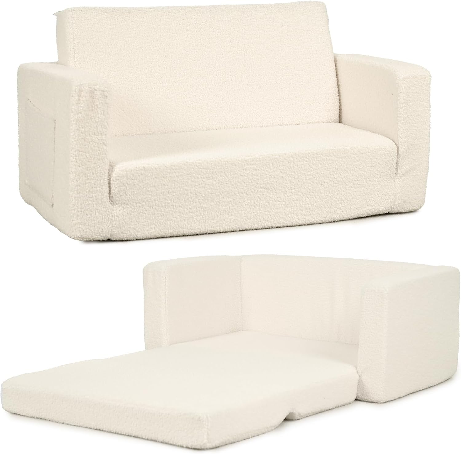 FAYDUDU Kids Sofa, 2-In-1 Fold Out Soft Toddler Couch, Toddler Sofa Bed with Washable Covers, Chair with Side Pocket Suitable for Playroom and Bedroom, Baby Sofa for Boys and Girls (Beige, L) image number 2