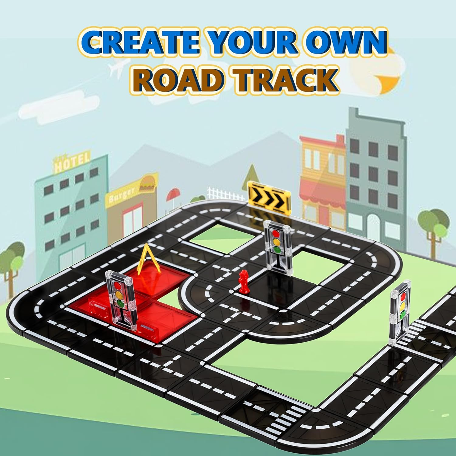 OMIPAWZ Magnetic Road Tiles Set, STEM Magnet Building Blocks Toys for Kids Age 3-8 image number 6