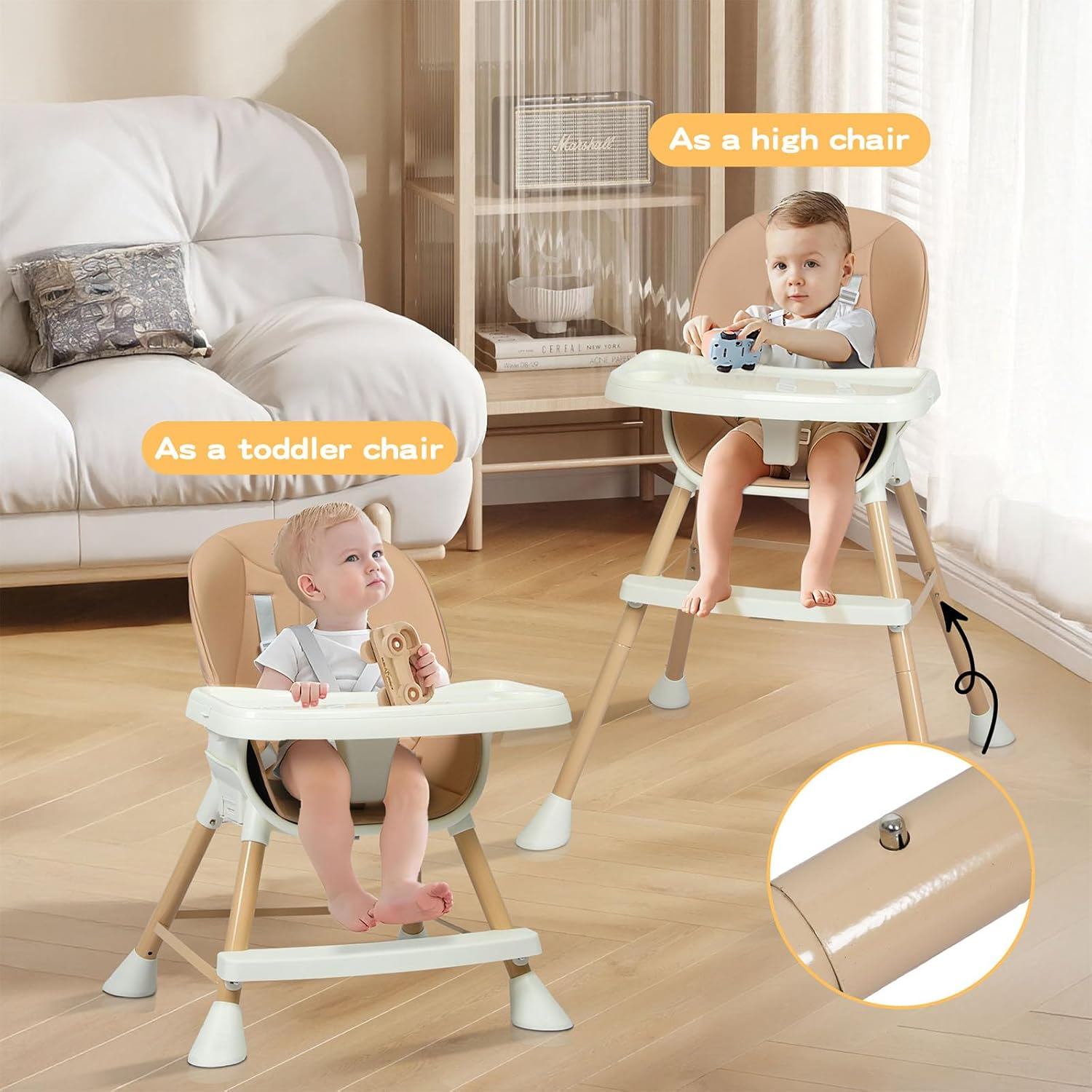 Bopeep Baby High Chair, 6-In-1 Convertible Toddler Chair, Removable Seat and Trays, Adjustable Height, Premium PVC Seat Cushion, Double Trays for Easy Clean, for 0-36 Months Dining(Pink) - Pink image number 4